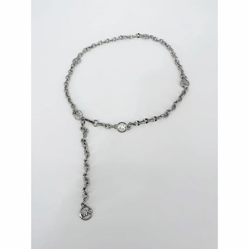 Michael Kors Silver Tone Metal Chain Link Belt With Round MK Logo Size L/XL